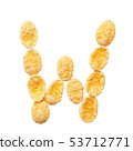 Yellow cornflakes letter W isolated on white background. Alphabet cereal flakes. 53712771