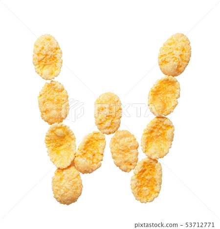 Yellow cornflakes letter W isolated on white background. Alphabet cereal flakes. Yellow cornflakes letter W isolated on white background. Alphabet cereal flakes. 53712771