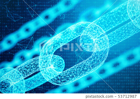 3D illustration digital block chain code. Chain links network. Low polygonal grid of triangles 3D illustration digital block chain code. Chain links network. Low polygonal grid of triangles 53712987