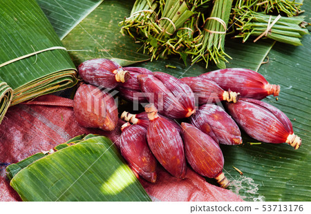 Fresh red Banana blossoms in Asian morning market 53713176