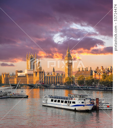 Big Ben with boat in London, England, UK Big Ben with boat in London, England, UK 53714474