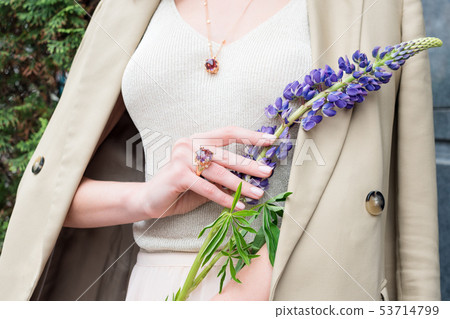 People, fashion, jewelry and luxury concept, closeup of woman wearing luxury jewelry standing on the People, fashion, jewelry and luxury concept, closeup of woman wearing luxury jewelry standing on the 53714799