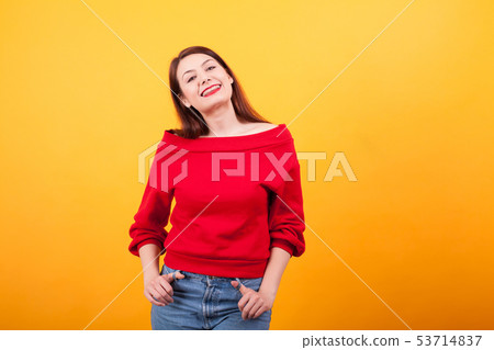 Potrait of beautiful young woman with a big smile and braces on her teeth 53714837