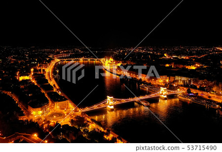 Aerial night view of Budapest, Hungary. Aerial night view of Budapest, Hungary. 53715490