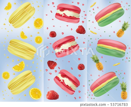Macaroon with raspberry, lemon, pineapple in motion isolated on blue background. Sweet french 53716783