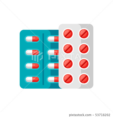 Blisters with pills icon in flat style. 53718202