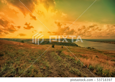 Amazing view of summer steppe with lake beautiful landscape Amazing view of summer steppe with lake beautiful landscape 53718397