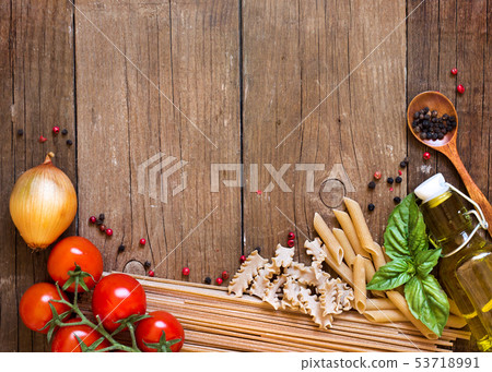 Pasta, tomatoes, onion, olive oil and basil on Pasta, tomatoes, onion, olive oil and basil on 53718991