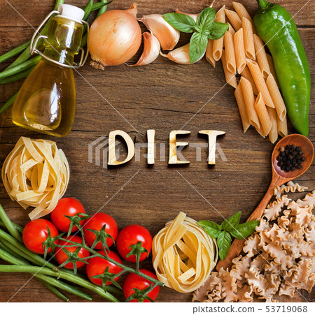 Pasta, vegetables and herbs with word Diet 53719068