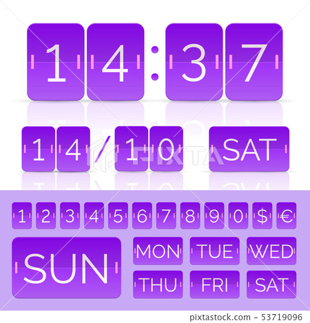 Vector purple flat countdown timer with flip numbers and week days isolated Vector purple flat countdown timer with flip numbers and week days isolated 53719096
