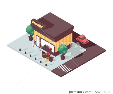 Isometric scene with 3d grocery store shop. Vector - Stock Illustration ...