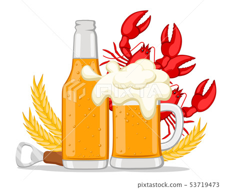 Beer in a bottle and a glass with red lobsters on Beer in a bottle and a glass with red lobsters on 53719473