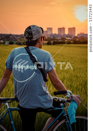 觀看美濃沼澤稻田Kamiyamaguchi Shinda的日落的兩個人 觀看美濃沼澤稻田Kamiyamaguchi Shinda的日落的兩個人 53723443