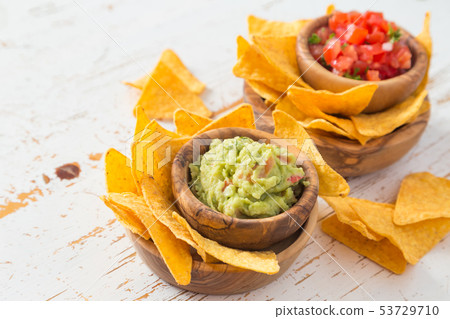 Party food - nachos with salsa and guacamole 53729710