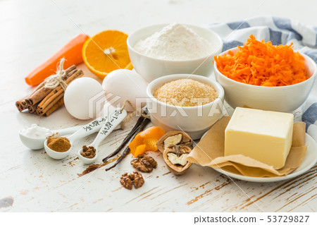 Ingredients for baking carrot cake Ingredients for baking carrot cake 53729827