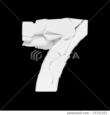 Isolated cracked number 7 on a black background. 3D render. Isolated cracked number 7 on a black background. 3D render. 53731351