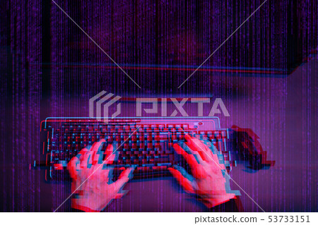 Hacker working with computer in dark room with digital interface around. Image with glitch effect. 53733151