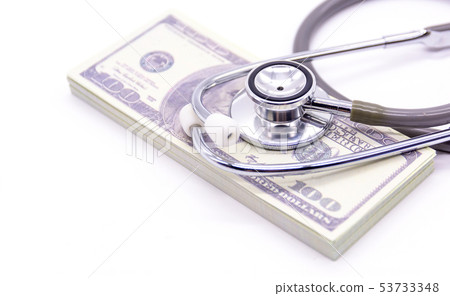 Stethoscope with dollar bank and medicine capsules Stethoscope with dollar bank and medicine capsules 53733348
