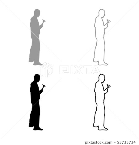 Repairman master man in overalls with tool in his hands hammer icon set grey black color 53733734