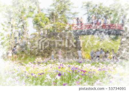 Watercolor Style Odawara Castle Ajisai Stock Illustration