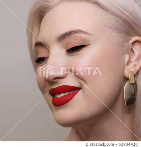 Closeup of beauty woman with clean shiny skin and 53734420