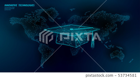 E-learning distance graduate certificate program concept. Low poly 3D render graduation cap on World E-learning distance graduate certificate program concept. Low poly 3D render graduation cap on World 53734581