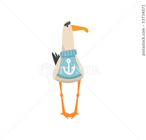 Seagull Sailor, Funny Bird Cartoon Character Wearing Blue Sweater with Anchor, Front View Vector 53734871