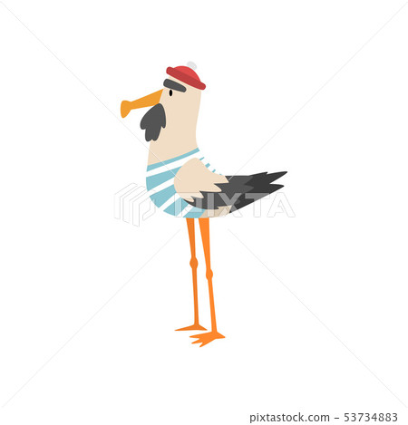 Seagull Sailor, Funny Bird Cartoon Character in Blue White Vest and Cap, Side View Vector 53734883