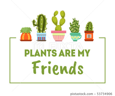 Plants Are My Friends, House Plants Banner Template, Cactuses and Succulents in Flower Pots Vector 53734906