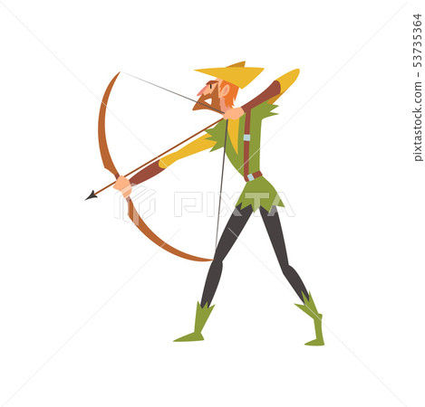 Male Archer with Bow, Medieval Historical Cartoon Character in Traditional Costume Vector 53735364