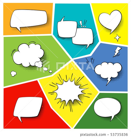 Speech popart elements. Comic cartoon shapes for dialogs thinking and talking on varicoloured Speech popart elements. Comic cartoon shapes for dialogs thinking and talking on varicoloured 53735836