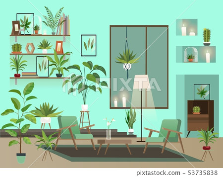 Living room at night. Urban interior with indoor flowers, chairs, vase and candles Living room at night. Urban interior with indoor flowers, chairs, vase and candles 53735838