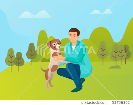Man Playing with Pet, Male and Dog in Forest Park Man Playing with Pet, Male and Dog in Forest Park 53736362