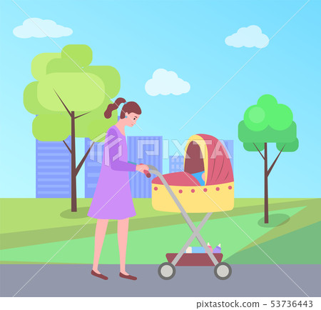 Woman Walking with Child Sleeping in Perambulator Woman Walking with Child Sleeping in Perambulator 53736443