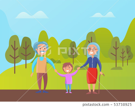 Grandparents Walking in Green Park with Grandson 53738925