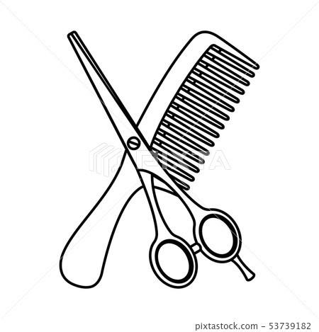Line art black and white comb and scissors 53739182