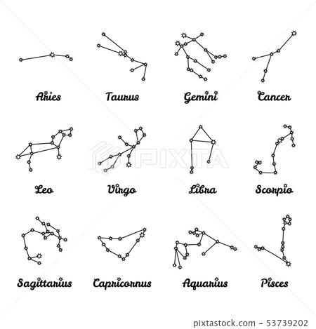 12 Zodiac constellations with captions. Set of Stock