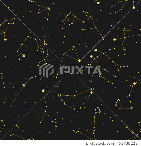 Seamless space pattern with different zodiac constellation and stars. Black background 53739225