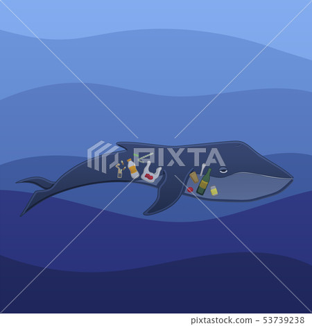 插图素材: whale with trash inside under the water