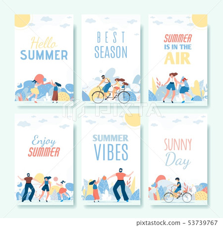 Greeting Flat Cartoon Summer Cards Set with People Greeting Flat Cartoon Summer Cards Set with People 53739767