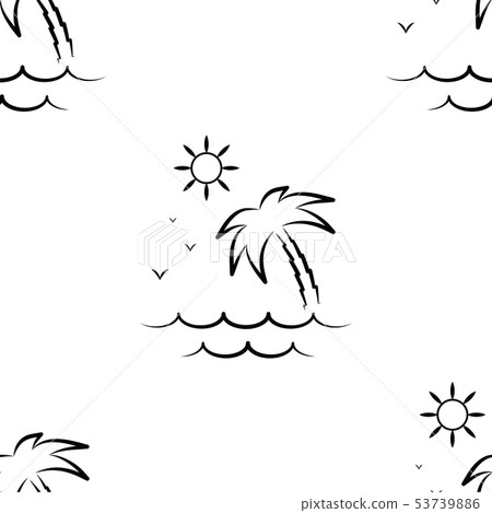Palm tree, sun and sea. Pattern. Seamless vector illustration. Art Line. Flat. 53739886
