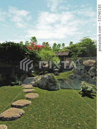 Japanese Garden with Tea House and Pond Japanese Garden with Tea House and Pond 53740185