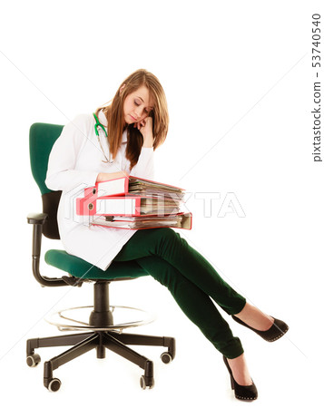 Paperwork. Overworked doctor woman with documents 53740540