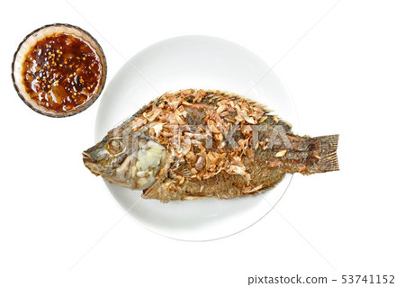 batter fried mango fish topping chop garlic batter fried mango fish topping chop garlic 53741152
