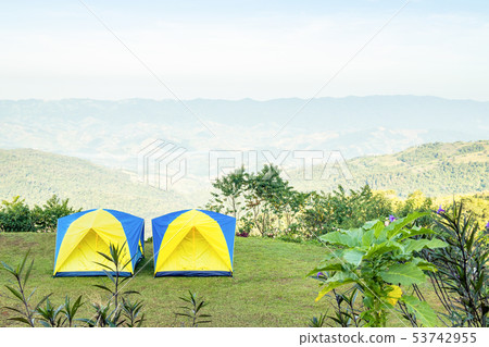 Tents on the mountain in the morning with sky 53742955