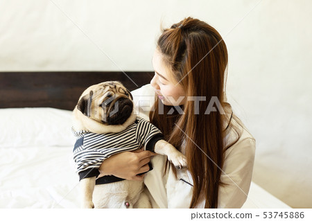 woman kissing her Cute dog pug woman kissing her Cute dog pug 53745886