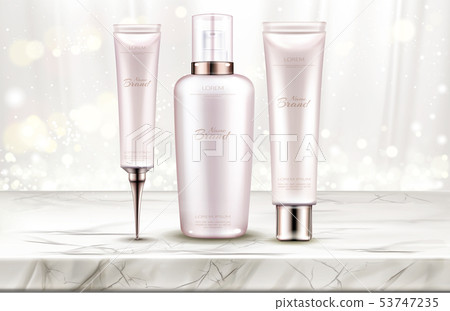 Beauty cosmetics bottles line on marble table top 53747235