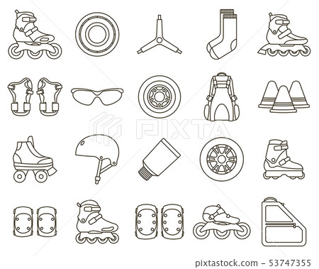 Set of Inline Roller Skates and accessories icons isolated on white background. Outline vector 53747355