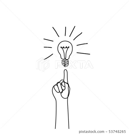 Continuous line hand raised index forefinger and light bulb is on 53748265