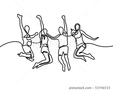 Continuous line drawing Group of boys and girls jumping for happy. Vector illustration. Continuous line drawing Group of boys and girls jumping for happy. Vector illustration. 53748315